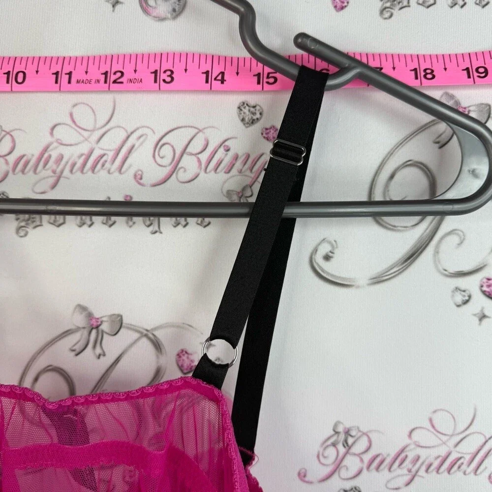 Victoria’s Secret set 2 piece rhinestone Sheer Fuchsia Babydoll matching ribbon